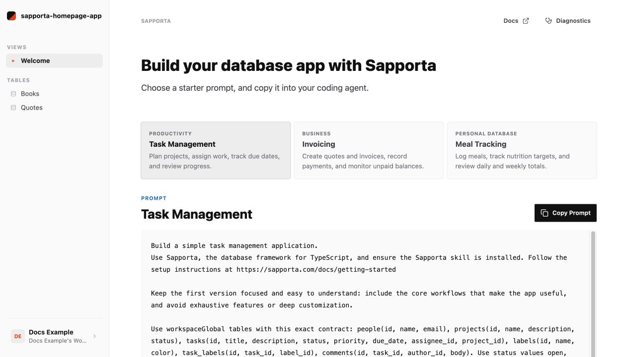 Generated Sapporta app after signup
